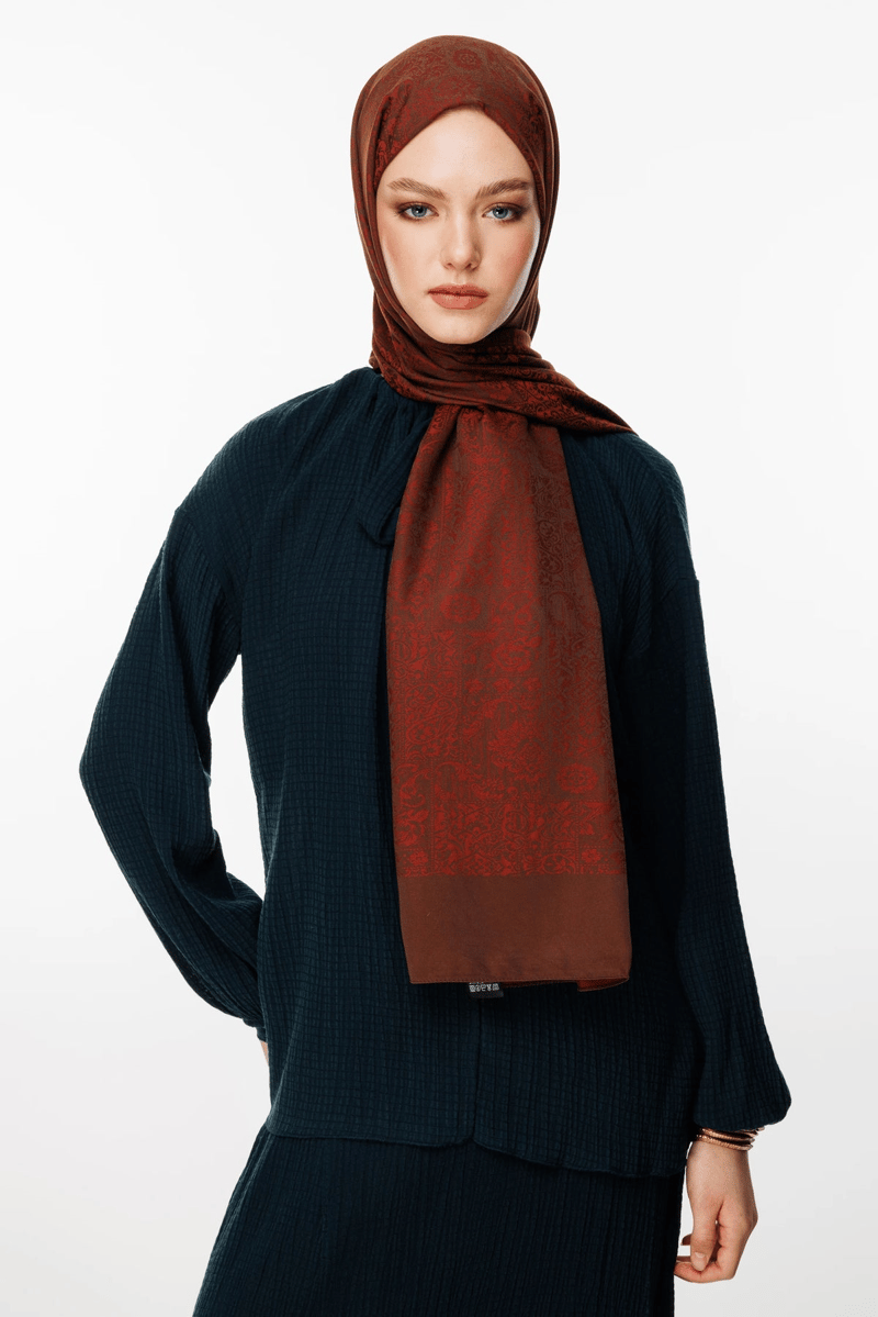 Acı Kahve-Kahve Henna Desen Çift Taraflı Şal · Kaşmir · görsel 2