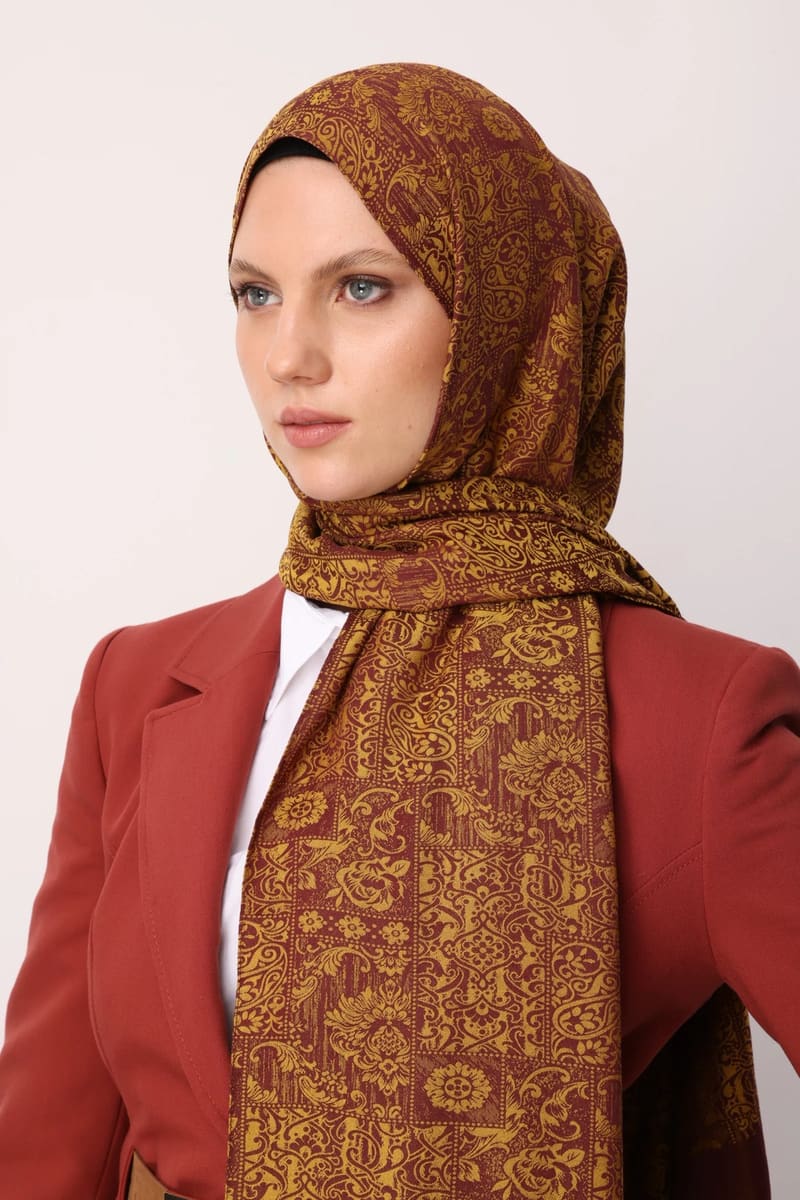 Mürdüm-Sarı Henna Desen Çift Taraflı Şal · Kaşmir · görsel 2