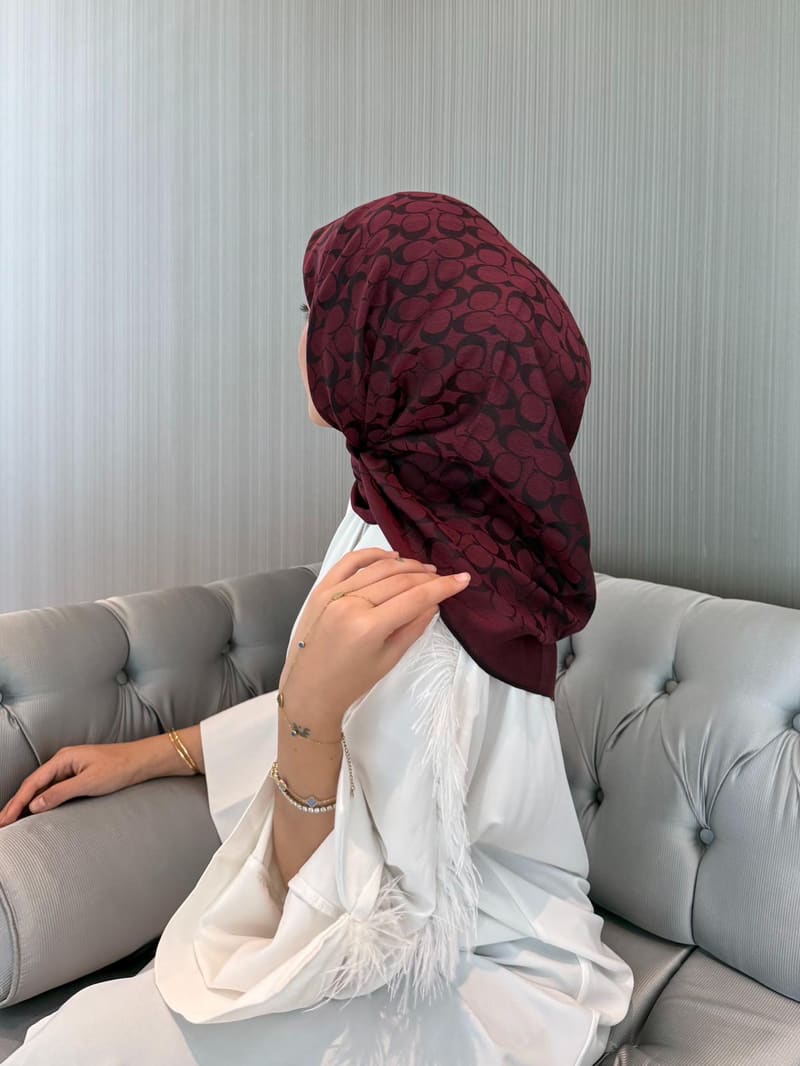 İthal Bordo C Desen Yün İpek Eşarp · görsel 3