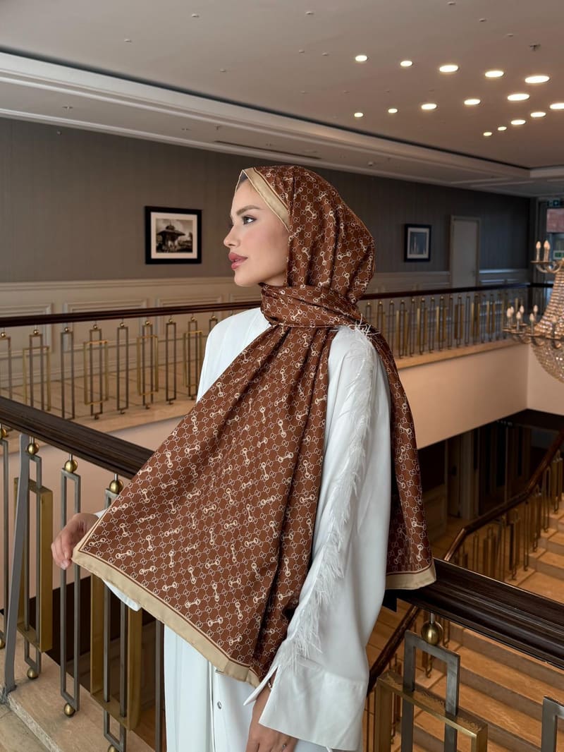 İthal Kahverengi & İndigo Kilit G Desen Twill İpek Şal · görsel 4