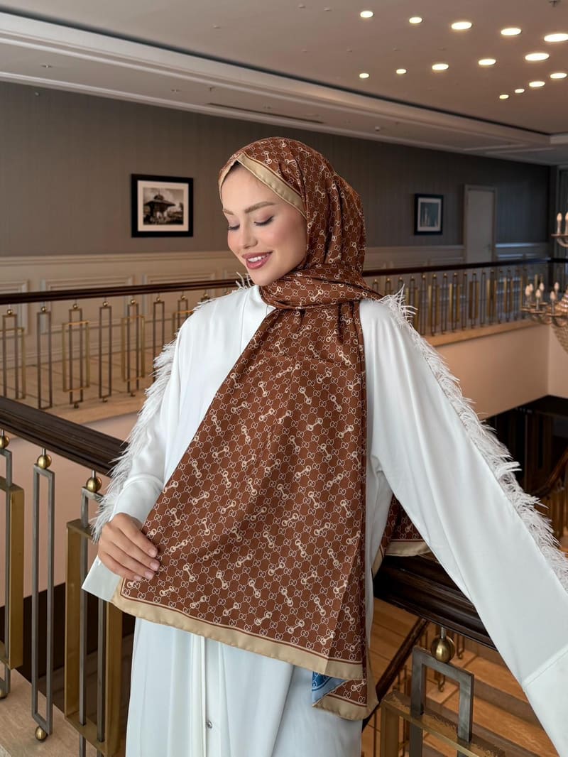 İthal Kahverengi & İndigo Kilit G Desen Twill İpek Şal · görsel 5
