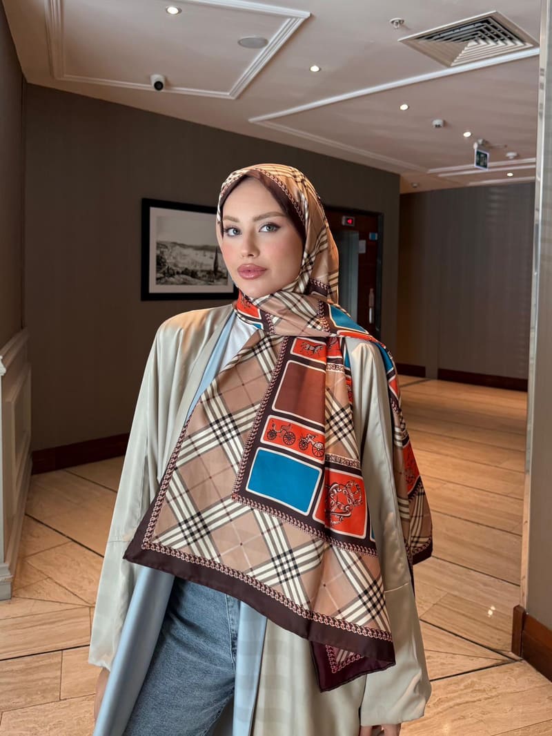 İthal Mocha & Soft Pembe B Desen Twill İpek Şal · görsel 5