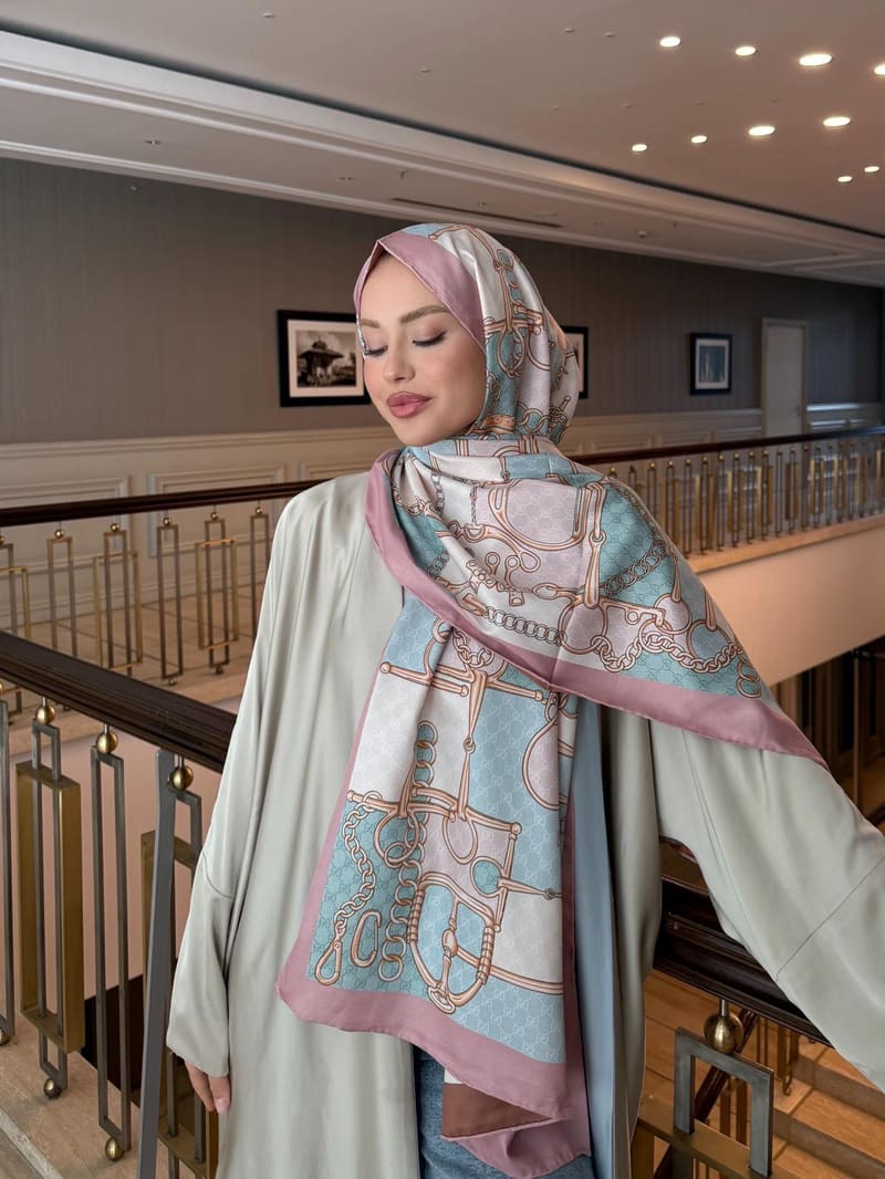 İthal Pudra Pembe & Kiremit GC Zincir Desen Twill İpek Şal · görsel 3