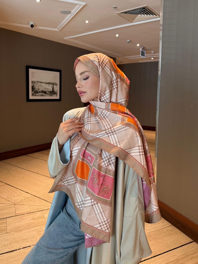 İthal Şeker Pembe & Pudra B Desen Twill İpek Şal · görsel 6