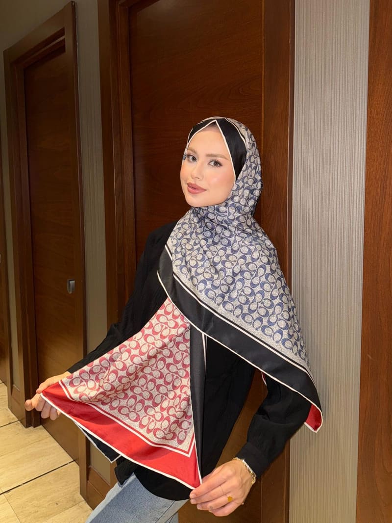 İthal Siyah & Kırmızı C Desen Twill İpek Şal · görsel 6