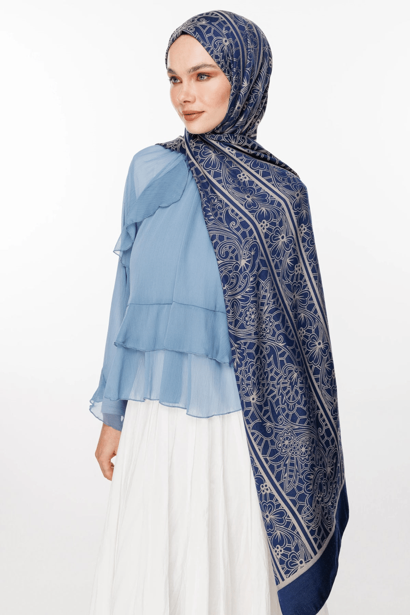 Lacivert-Bej Lavin Desen Çift Taraflı Şal · Kaşmir · görsel 2