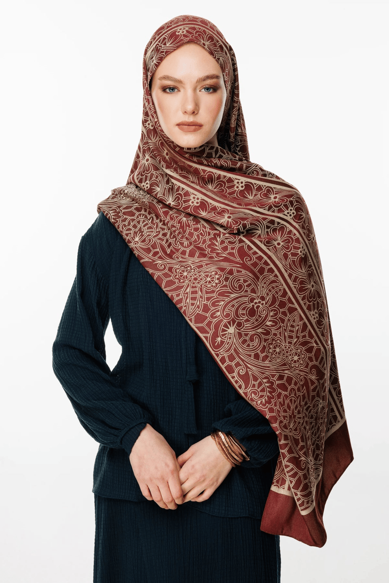 Mürdüm-Somon Lavin Desen Çift Taraflı Şal · Kaşmir · görsel 3