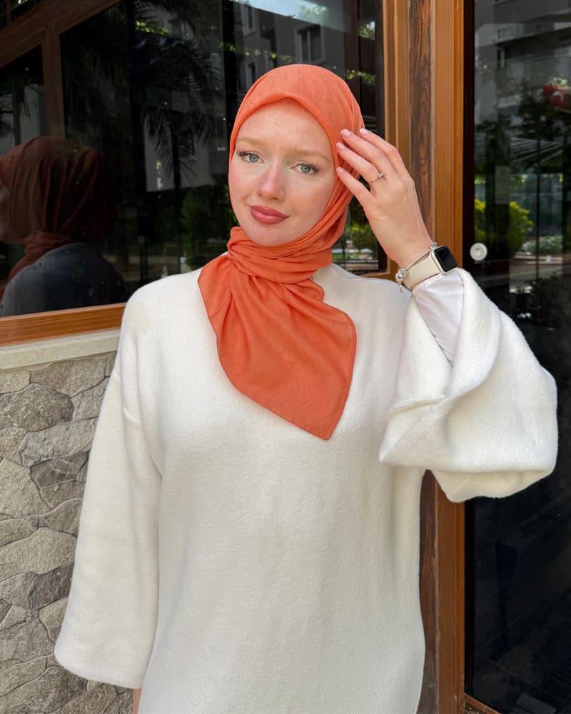Pastel Turuncu Zikzak Lyocell Bambu Jakar Eşarp · görsel 2