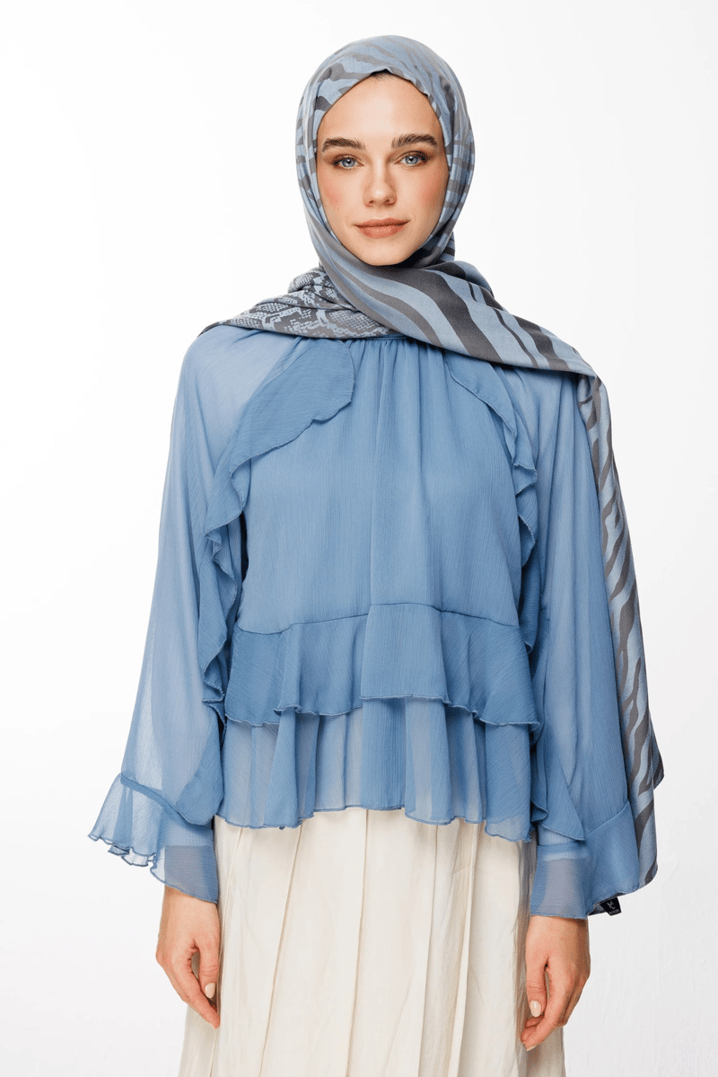 Koyu Gri-Açık Mavi Riad Desen Çift Taraflı Şal · Kaşmir · görsel 3