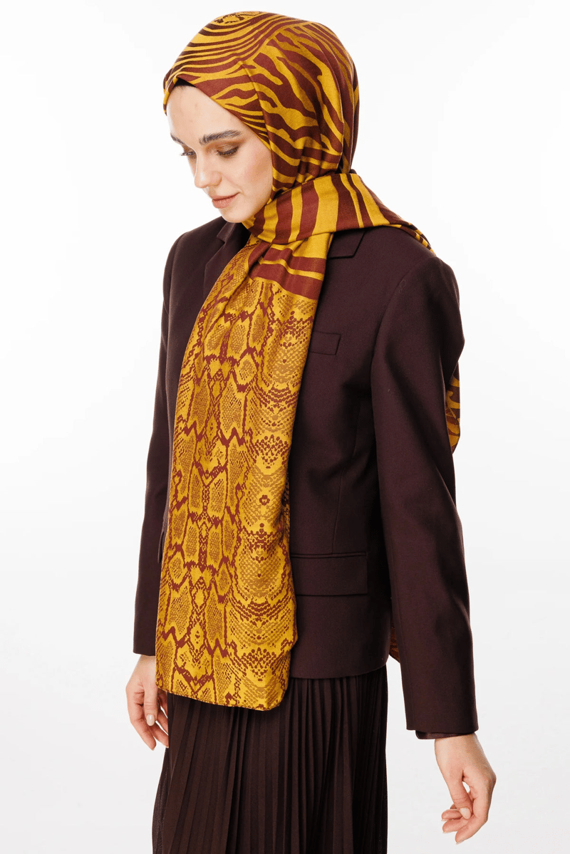Mürdüm-Sarı Riad Desen Çift Taraflı Şal · Kaşmir · görsel 2
