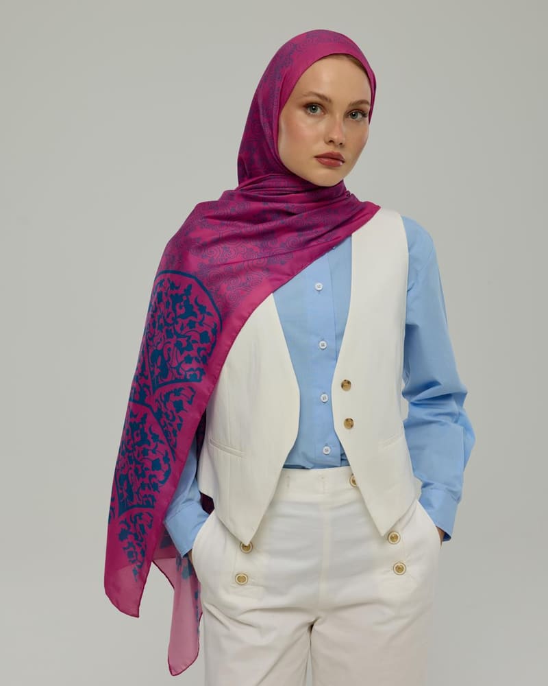 Şakayık Pembesi & Çini Mavisi Saraylı Desen Şal - 06 · görsel 3
