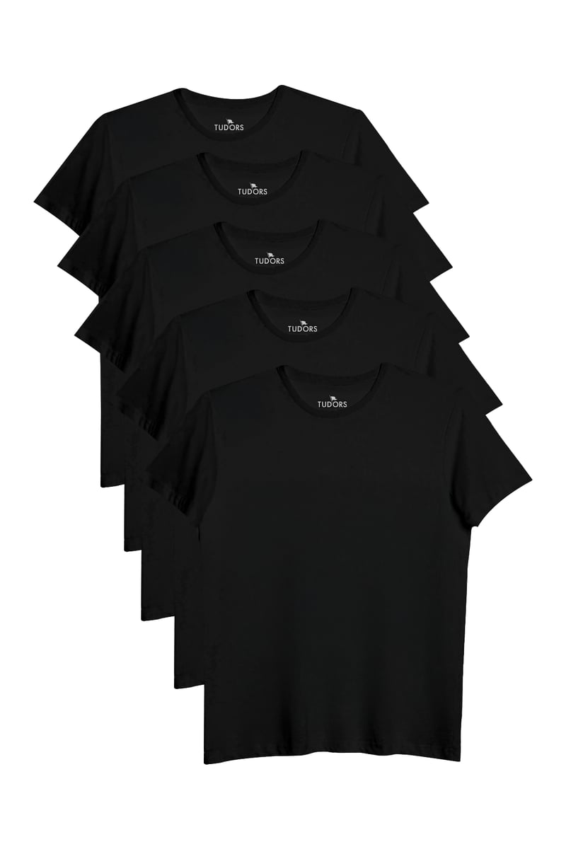 Unisex 5'li Paket Siyah Slim Fit Bisiklet Yaka Tişört TUDORS