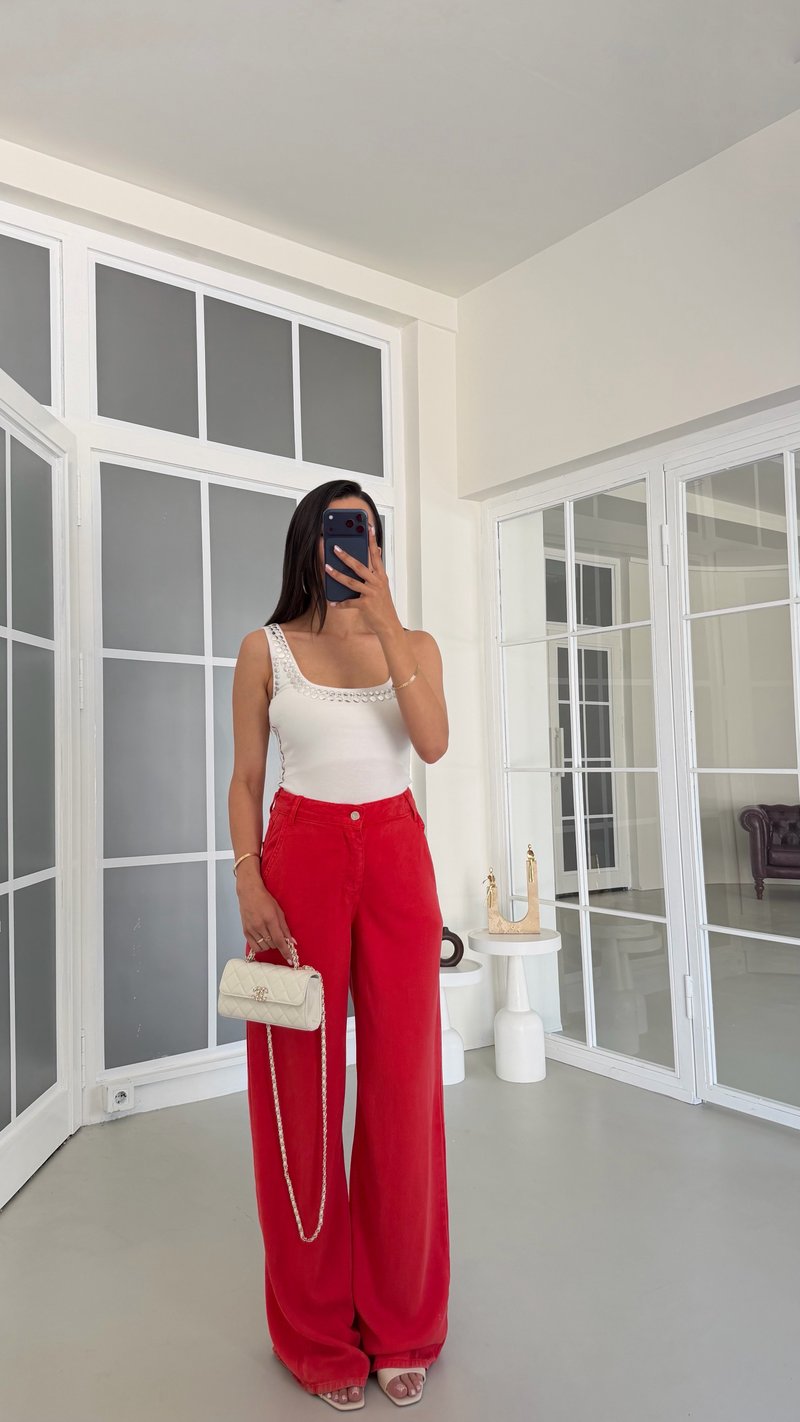 Kırmızı Yıkamalı Tencel Denim Pantolon GAUS-01786
