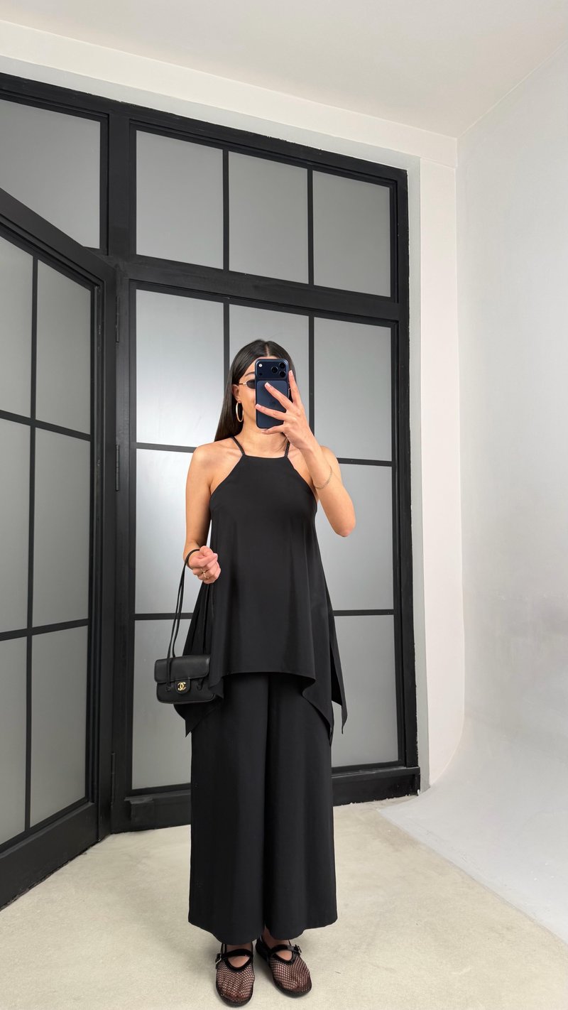 Siyah Örgü Askılı Tencel Tulum GAUS-01436