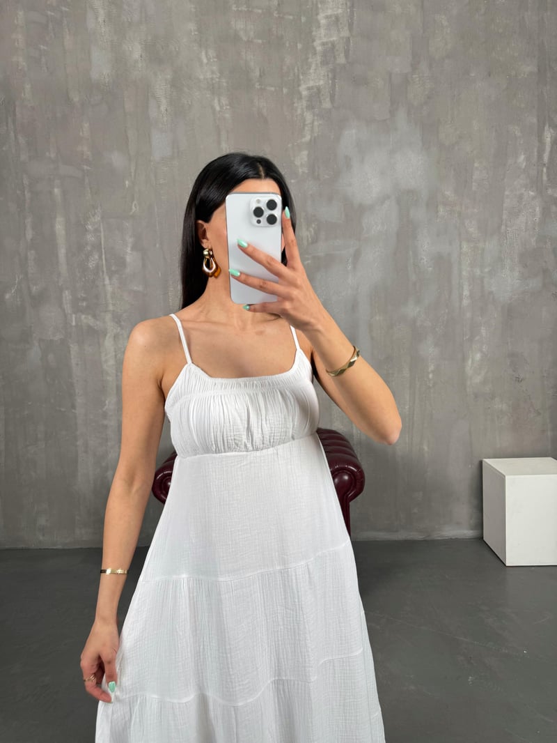 Beyaz Ayarlanabilir Askılı Yarım Astarlı Müslin Elbise Gaus00244