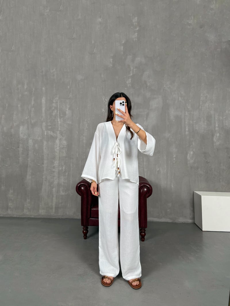 Beyaz Önden Bağlamalı Keten Kimono Takım Gaus00101