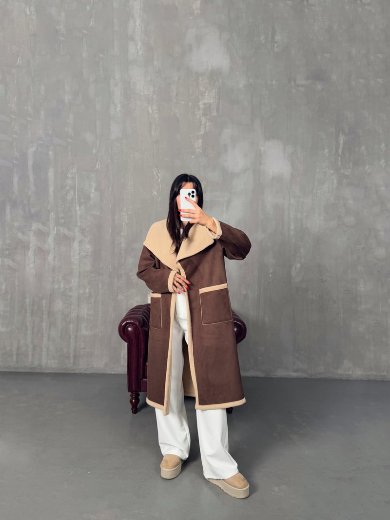 Floor Kahve Peluş Muadil Cepli Kaban