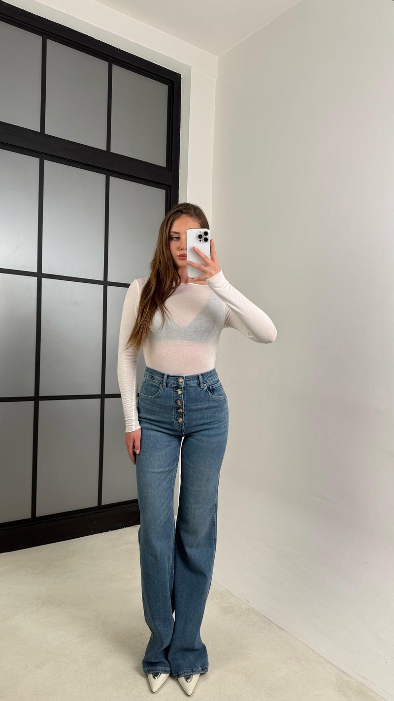 Mavi Düğme Detaylı İspanyol Paça Cep Etiketli Tasarım Jean GAUS-00742