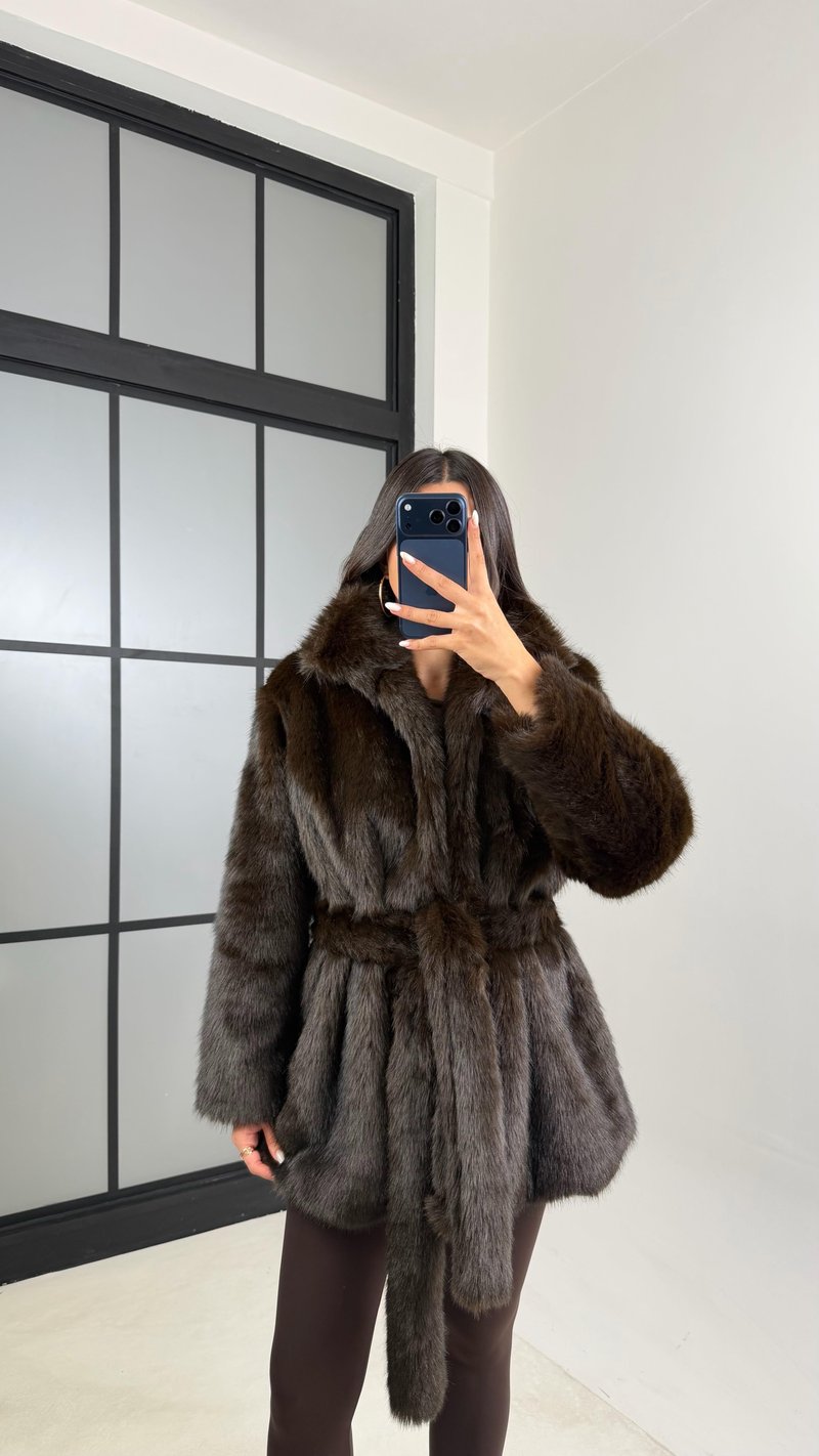 Acı Kahve Astarlı Kuşaklı Premium Kürk GAUS-00649