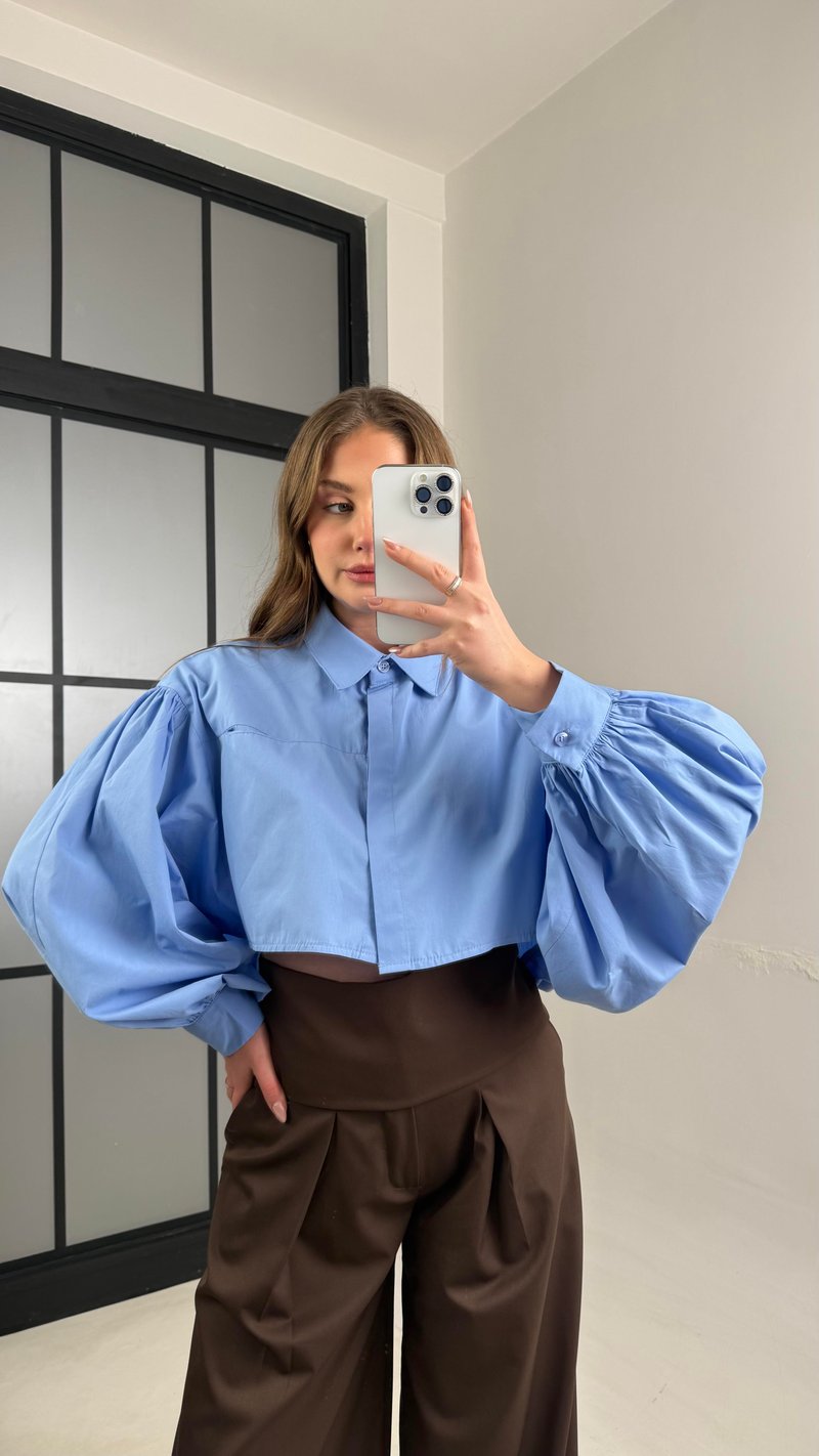 Mavi Balon Kol Crop Poplin Gömlek GAUS-01117