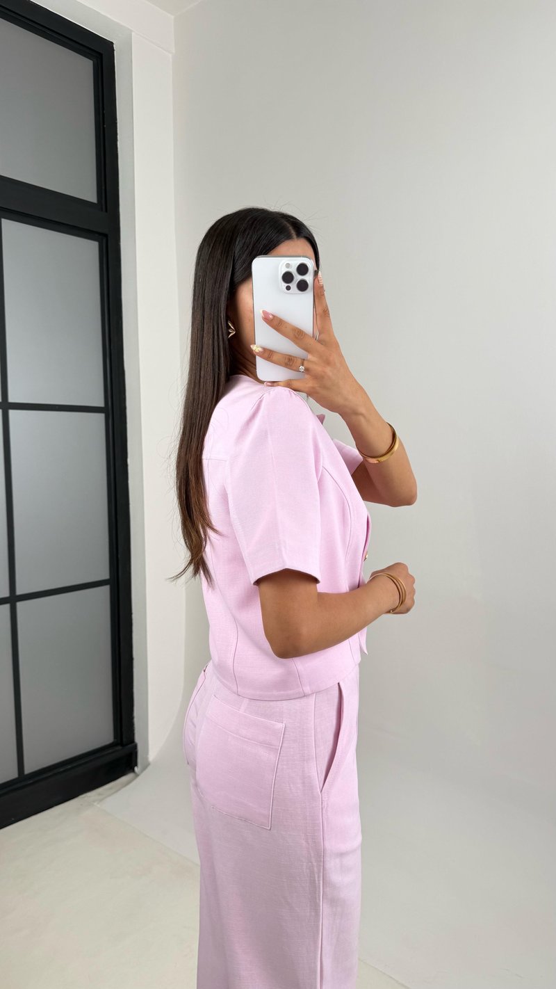 Pembe Önü Düğmeli Astarlı Yelek Cepli Pantolon İkili Keten Takım Gaus00670
