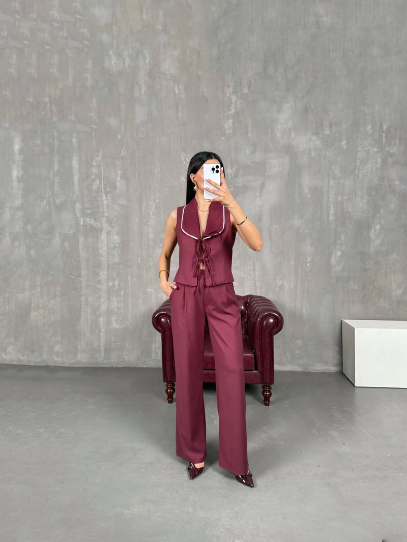 Rune Bordo Bağlamalı Keten Yelek Pantolon Takım