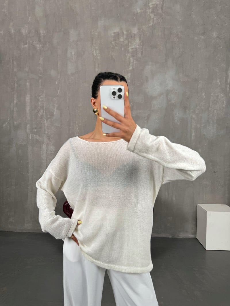 Krem İnce Triko Kazak Gaus00116