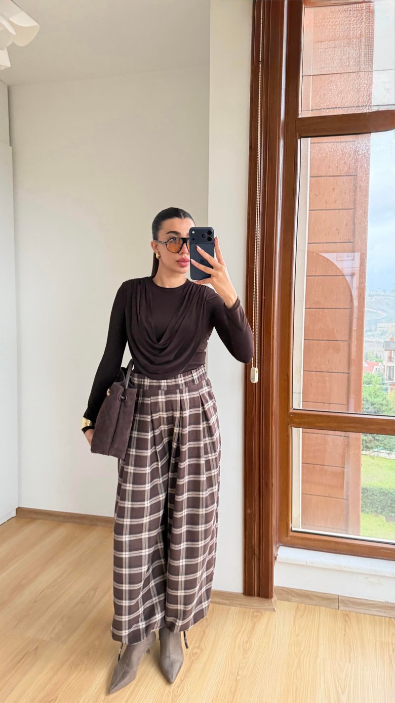 Kahve Beli Lastikli Muadil Ekose Pantolon GAUS-00840