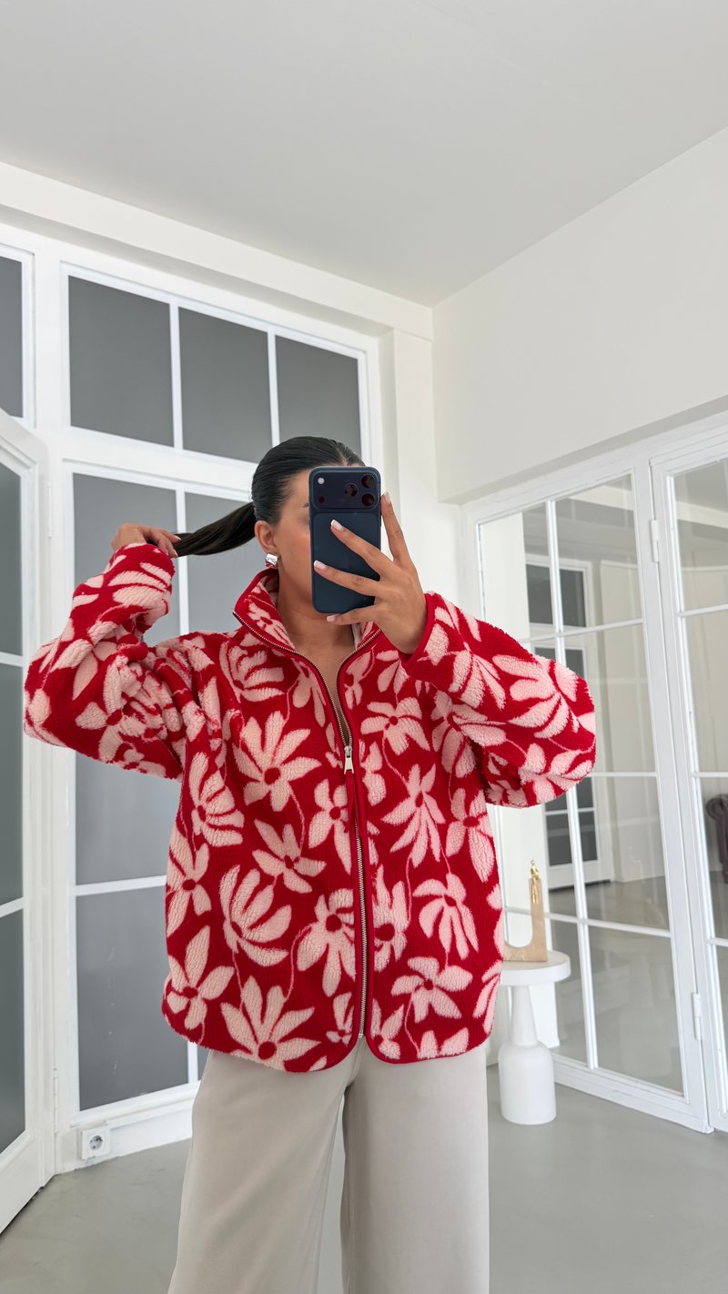 Kırmızı Çiçek Desenli Fermuarlı Polar Sweatshirt GAUS-01915