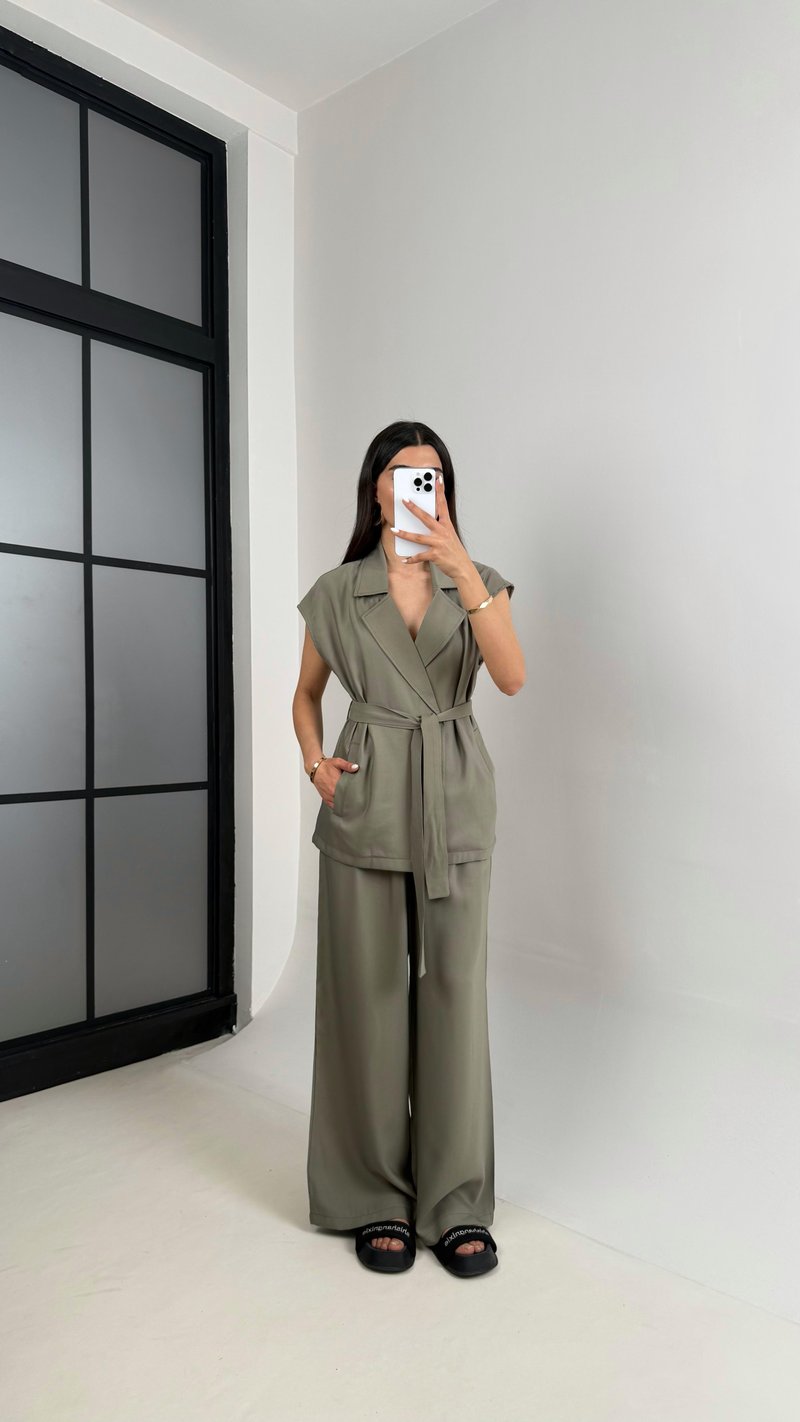 Haki Cepli Kuşaklı Yelek Beli Lastikli Pantolon Tencel Takım Gaus00433