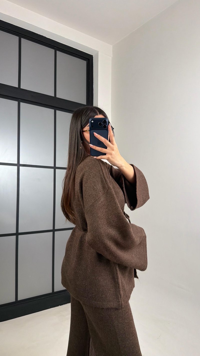 Acı Kahve Kuşaklı Hırka Beli Lastikli Pantolon Triko Takım GAUS-00848