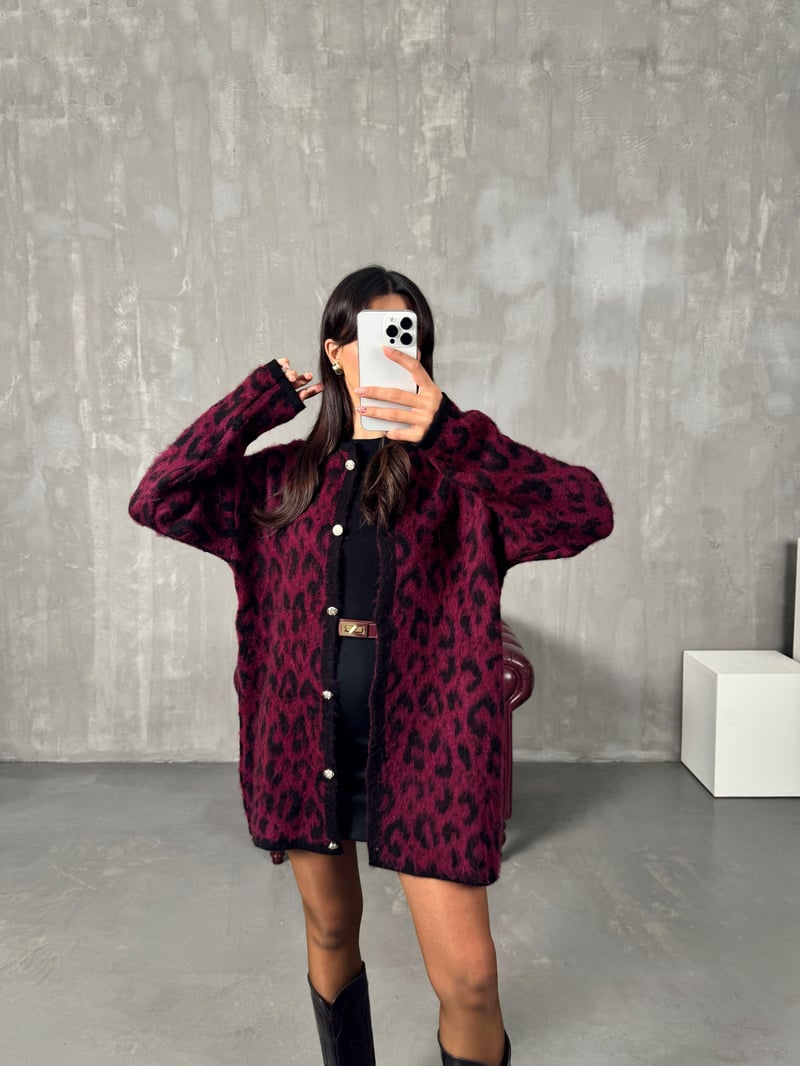 Wud Bordo Leopar Desenli Hırka