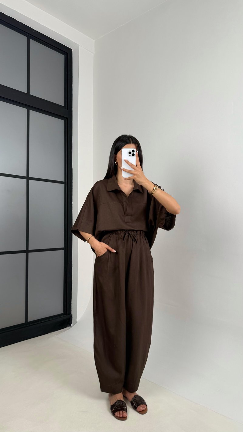 Acı Kahve Polo Yaka Yarasa Kol Bluz Şalvar Pantolon Md Muadil Premium Keten Takım Gaus00542