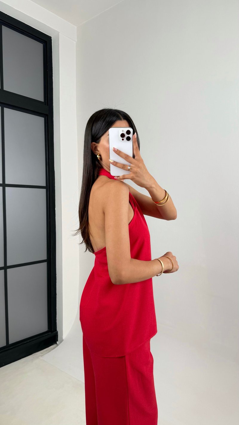 Kırmızı Boyundan Bağlamalı Bluz Cepli Pantolon Tasarım Keten Takım Gaus00667