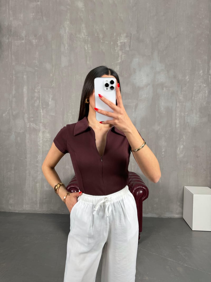 Mürdüm Polo Yaka Ön Fermuarlı Tshirt Gaus00191
