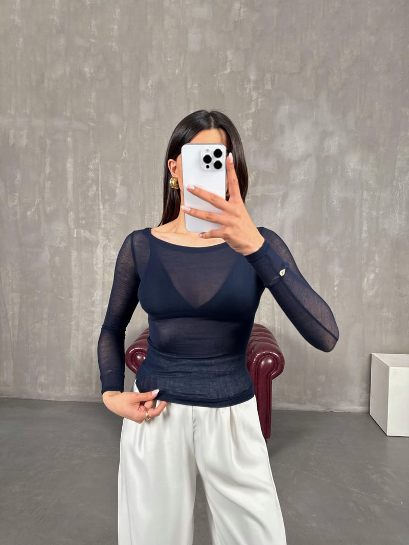Lacivert Transparan Kaşmir Dokulu Bluz Gaus00272