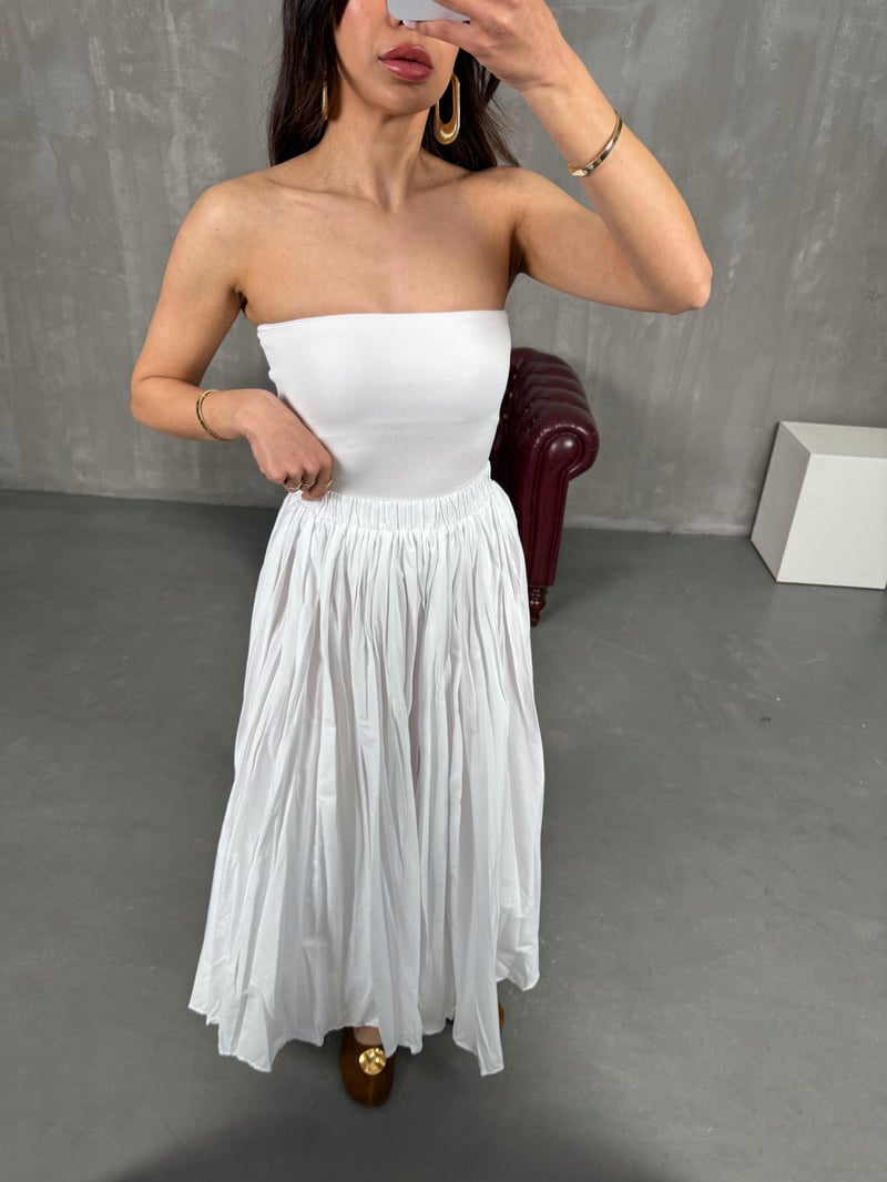 Essa Beyaz Kırışık Kumaş Kraş Maxi Boy Etek Gaus00256