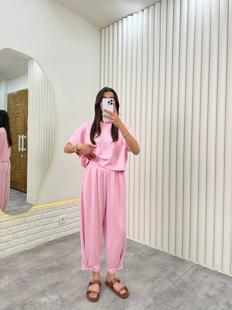 Pembe Balon Pantolon Modal Kumaş İkili Takım Gaus00320