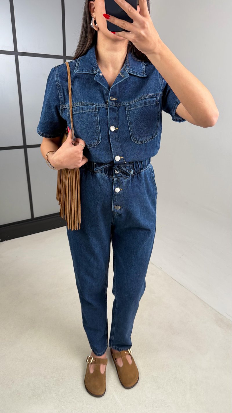 Mavi Beli Lastikli Düğme Detaylı Denim Tulum gaus-01208