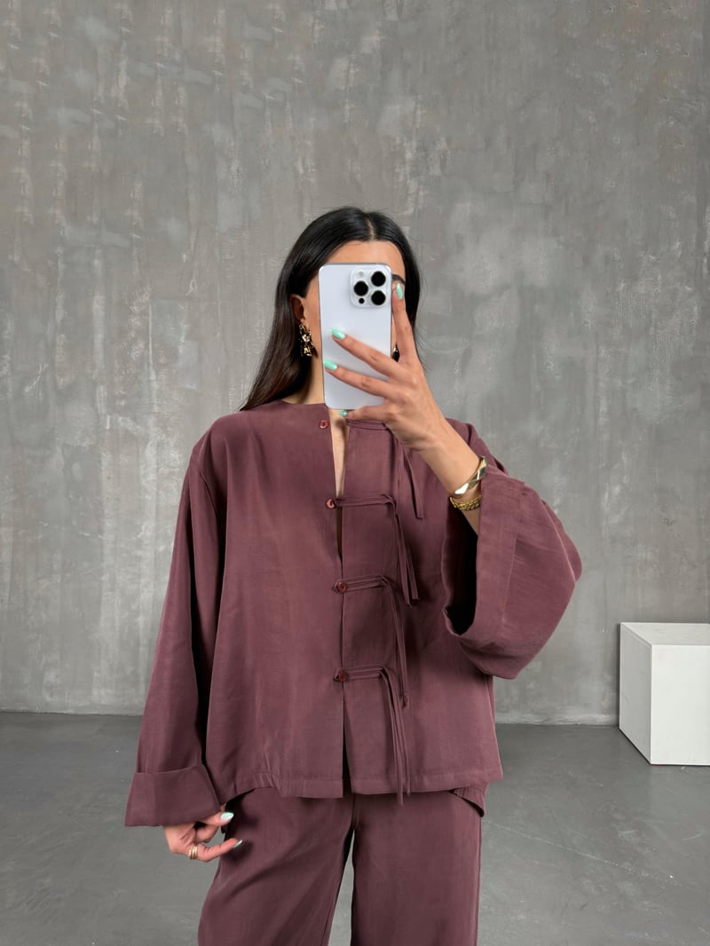 Mürdüm Yaka Düğmeli Gömlek Beli Lastikli Pantolon Tensel Takım Gaus00238