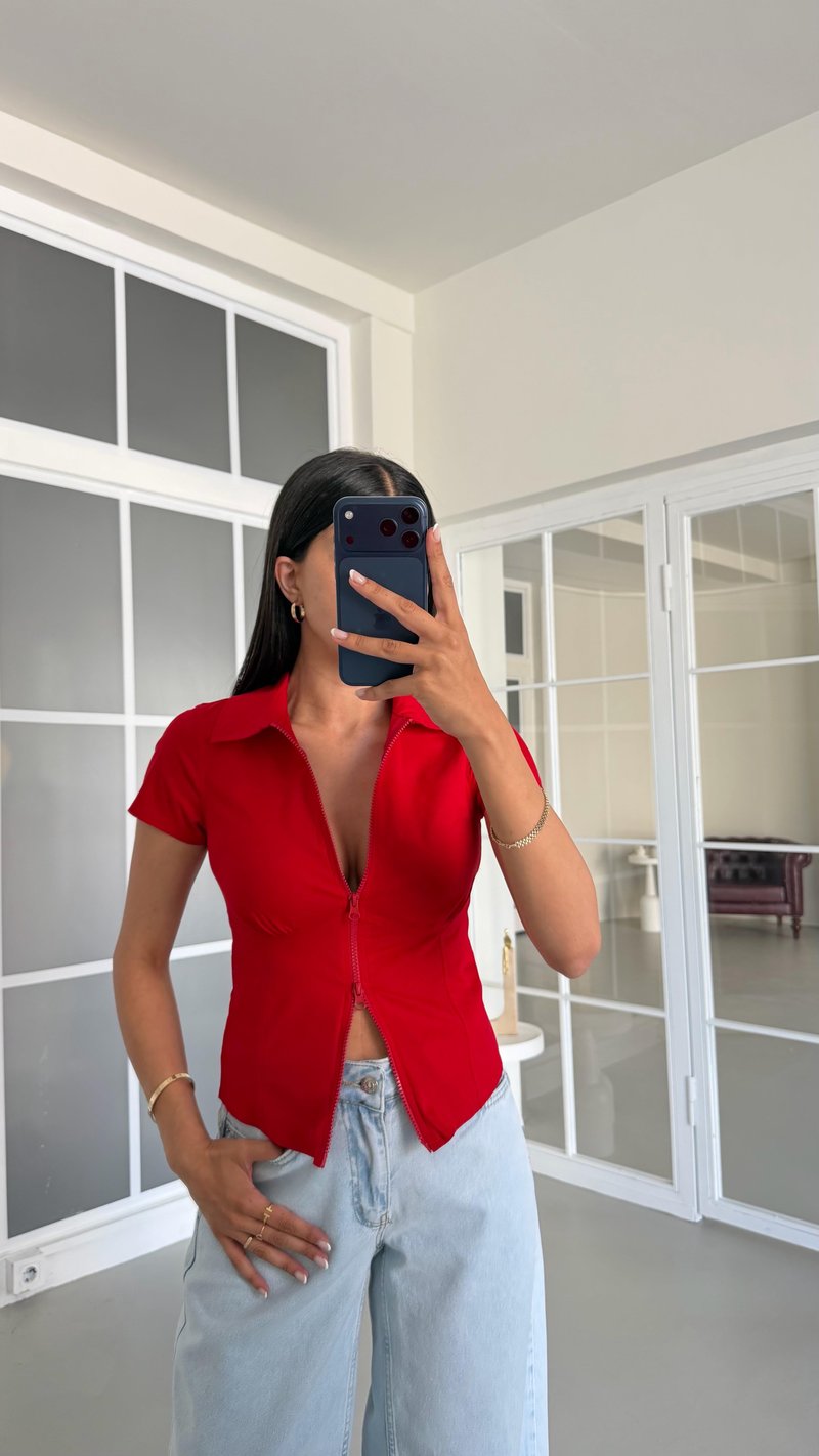 Kırmızı Çift Fermuarlı Bluz GAUS-01604