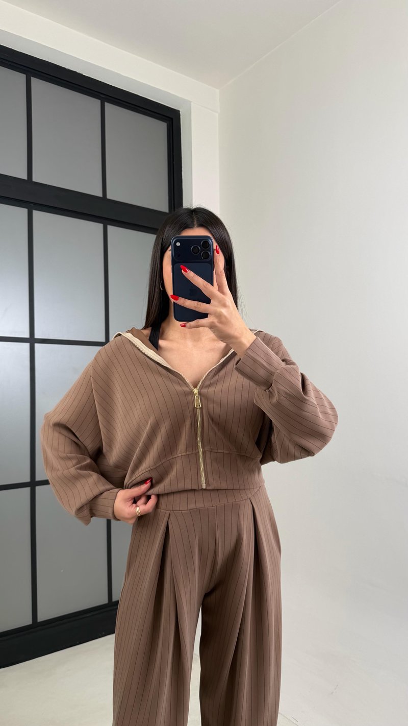 Kahve Hırka Beli Lastikli Pantolon OYS Model Premium Modal Takım GAUS-01023