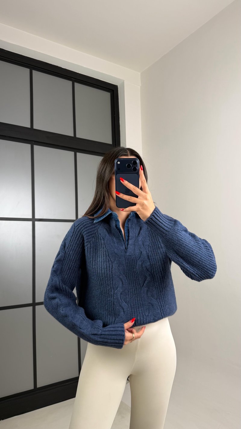 Lacivert Denim Yaka Detaylı Örgü Kazak GAUS-00929