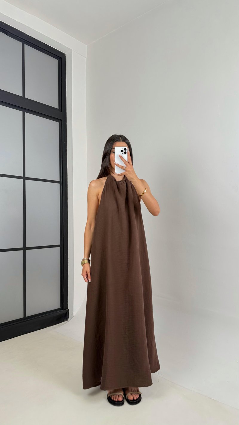 Acı Kahve Boyundan Bağlamalı Müslin Elbise Gaus00588