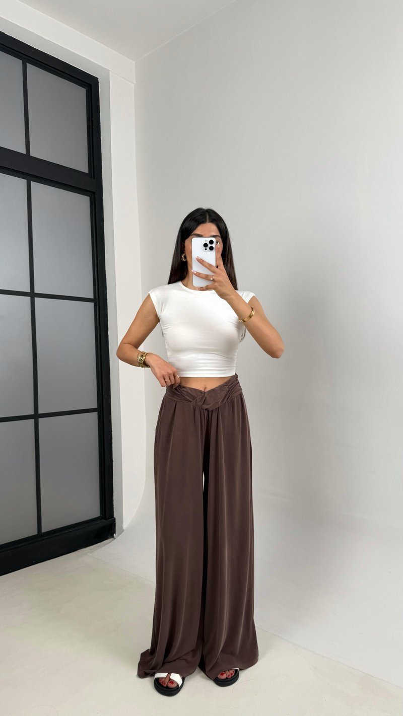 Kahve Beli Çapraz Lastikli Bol Paça Oys Muadil Pantolon Gaus00607