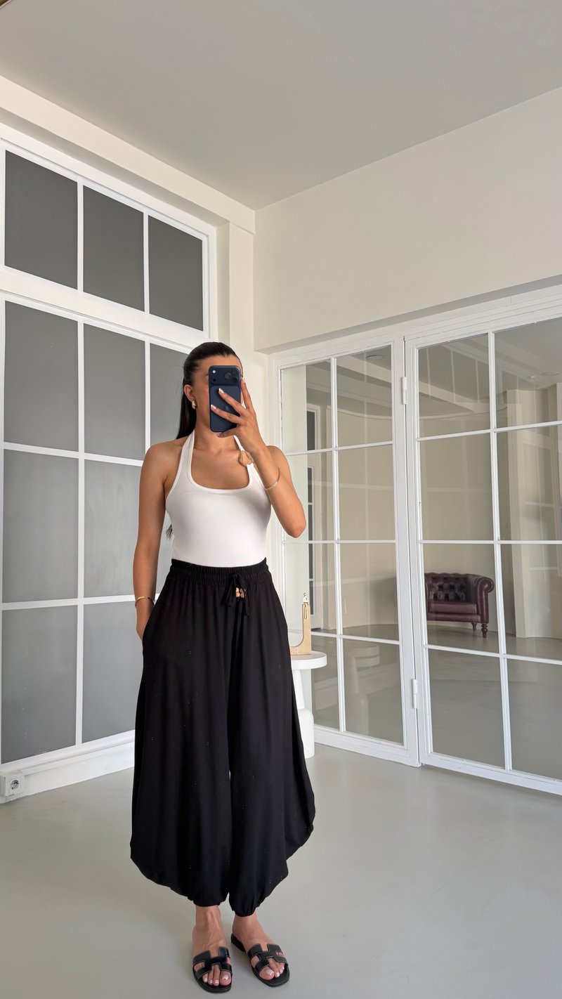 Siyah Boncuk İpli Modal Kumaş Şalvar Pantolon GAUS-01676