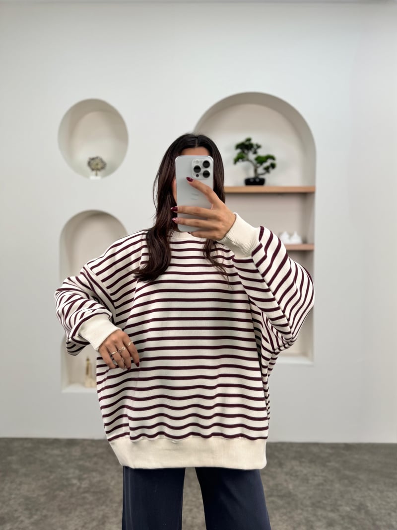 Biana Bordo Çizgili Üç İplik Şardonlu Ekru Oversize Sweatshirt