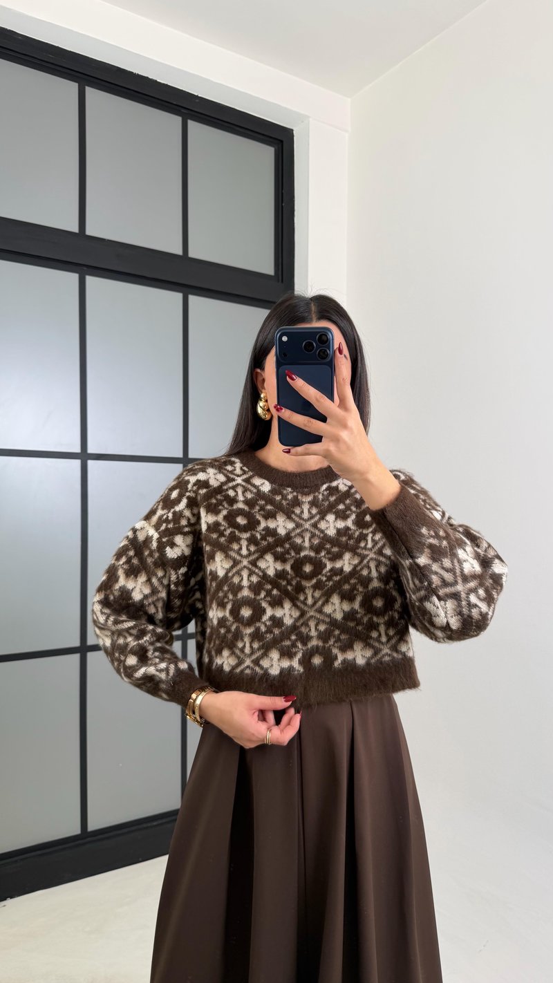 Kahve Desenli Muadil Crop Kazak GAUS-00756