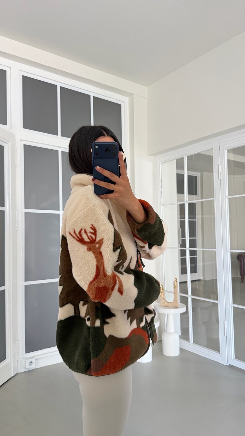 Kahve Çam Ağaçlı Geyik Desenli Fermuarlı Polar Sweatshirt GAUS-01913