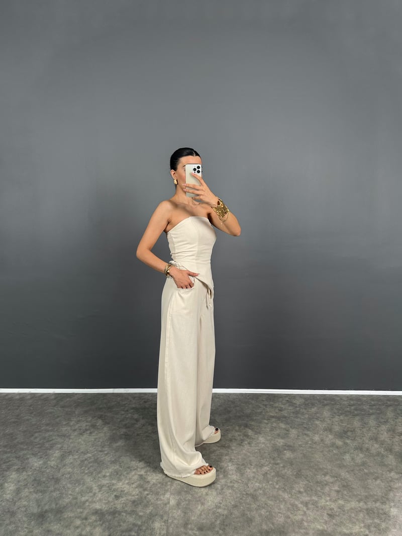 Spino Taş Gabardin Crop Bol Paça Pantolon Takım